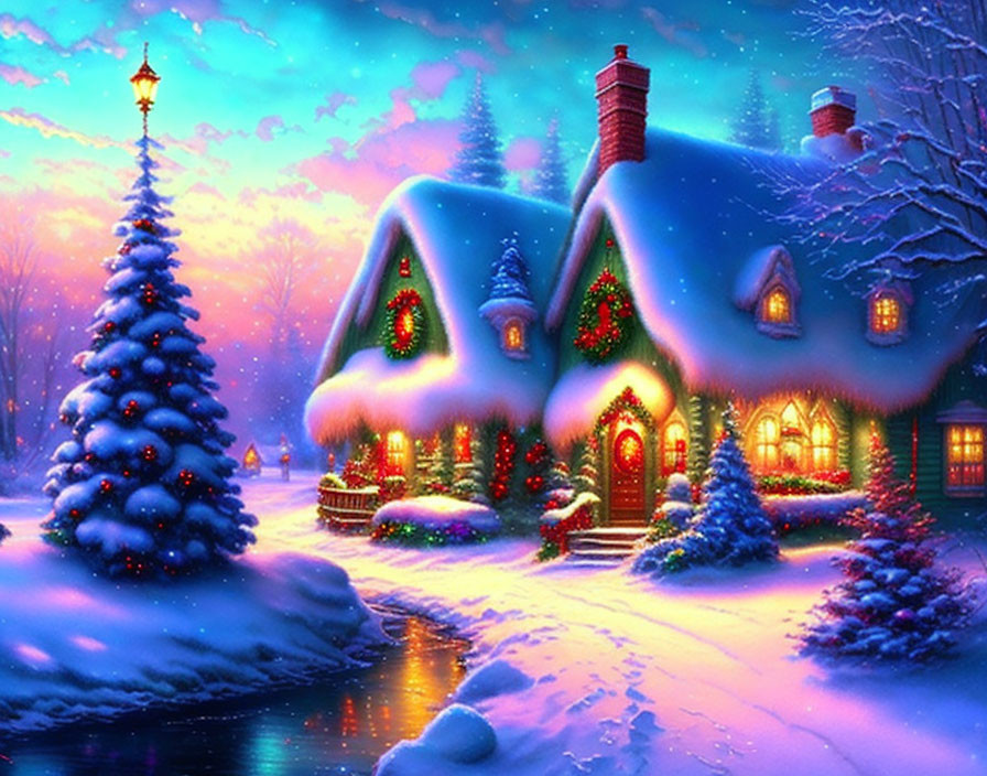 Festive winter scene: Snow-covered cottages, Christmas tree, glowing streetlamp