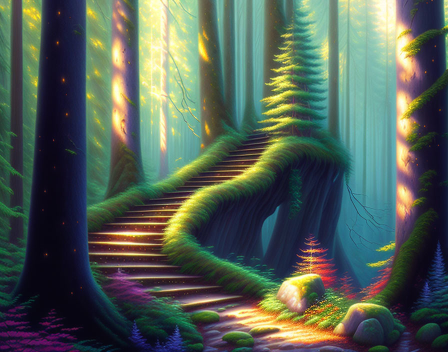 Mystical staircase in enchanted forest with glowing lights