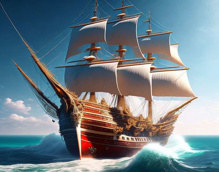 Majestic sailing ship on ocean under clear blue sky