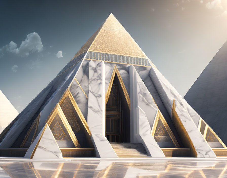 Sleek marble futuristic pyramid design with golden accents in a clear blue sky landscape