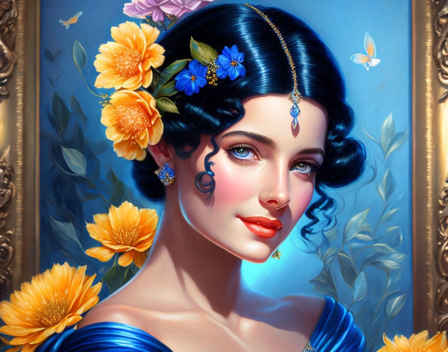 Digital Artwork: Woman in Blue Attire with Floral Adornments