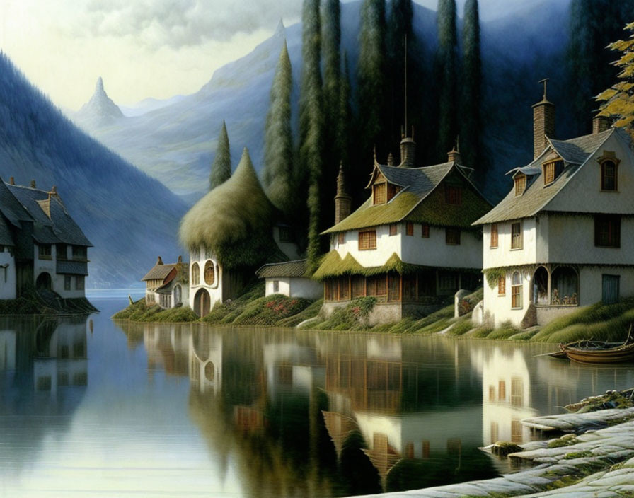 Tranquil lakeside village with thatched-roof houses, calm water, lush mountains.