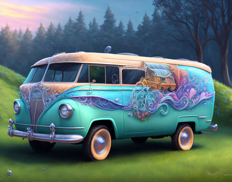 Vintage Teal Station Wagon with Whimsical Designs in Twilight Field