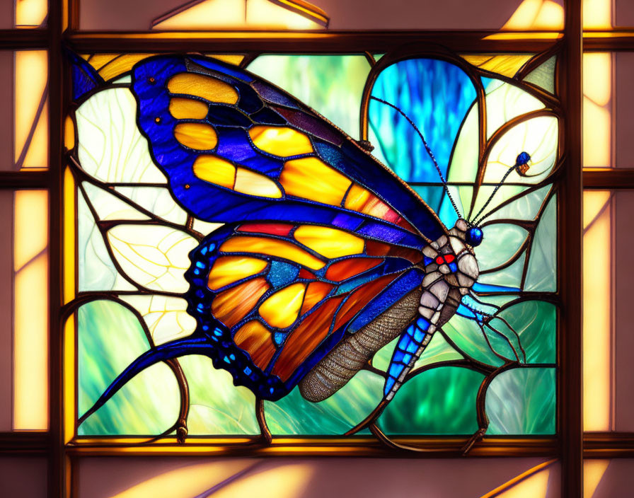 Vibrant butterfly stained glass window with blue and orange wings