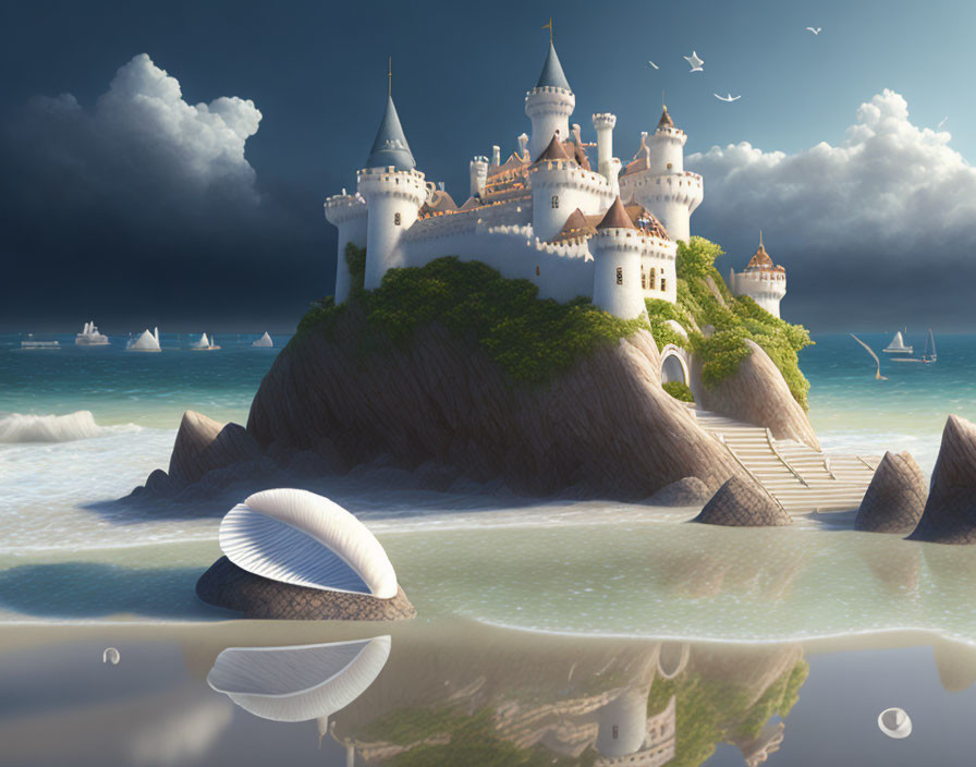 Majestic castle on cliff with pearl shore, dramatic sky, sailboats, and birds