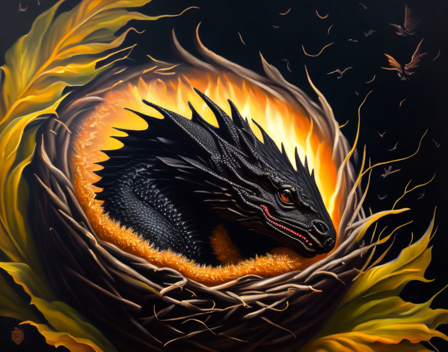 Black dragon hatches from fiery egg in golden nest with bats in background