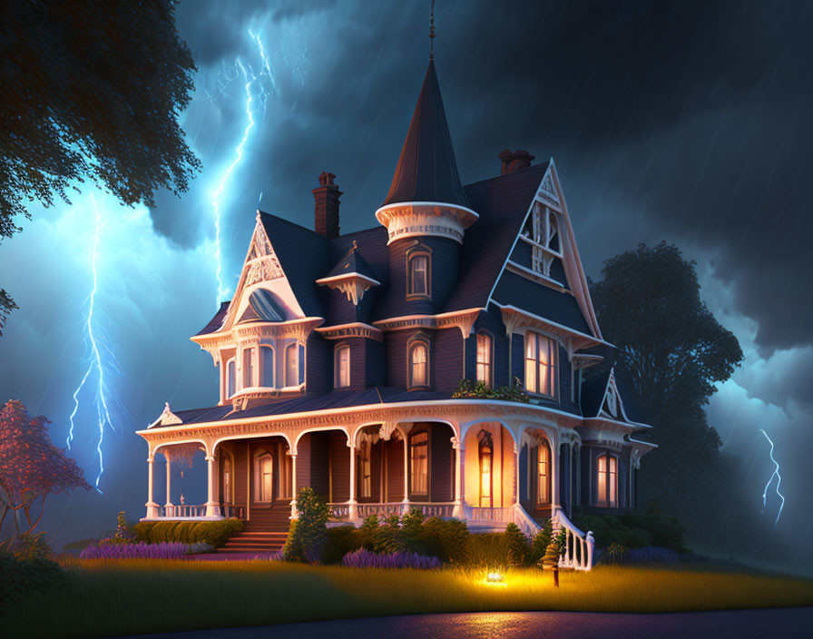 Victorian house with illuminated windows in stormy night garden.