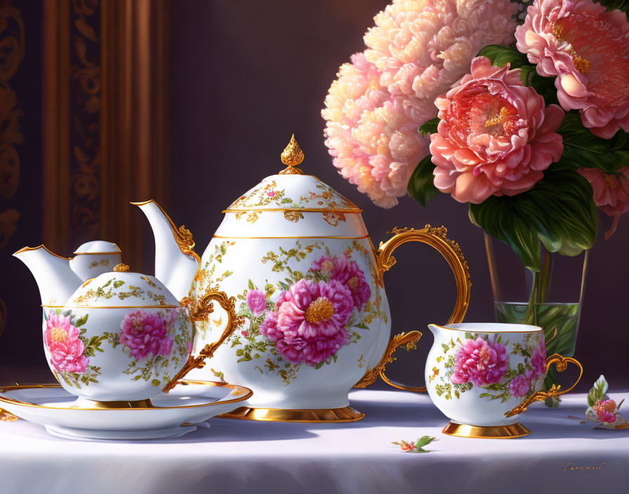 Floral Design Tea Set with Gold Accents and Peonies Display