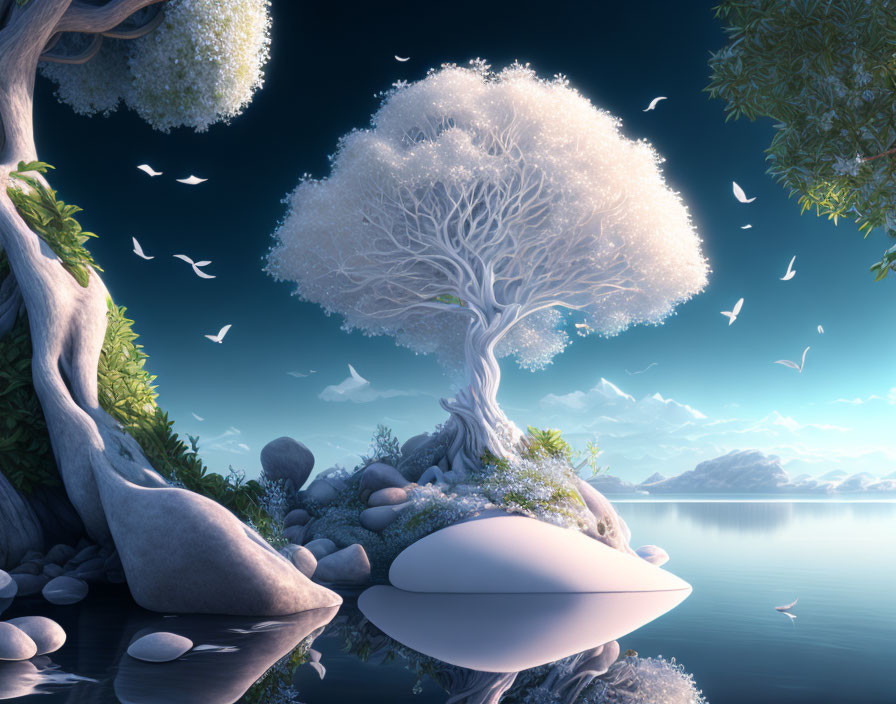 Fantasy landscape with glowing white tree on islet, birds, calm lake, twilight sky