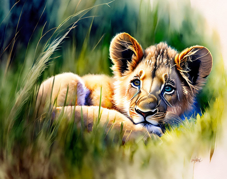 Young lion cub with vivid blue eyes in tall green grass