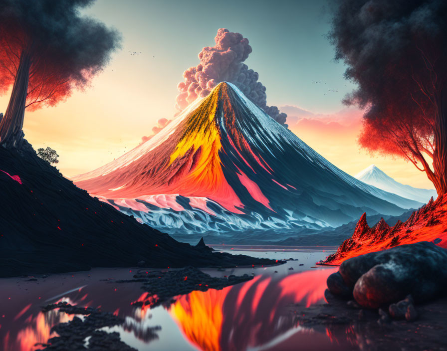 Erupting volcano with fiery glow reflected on water surface