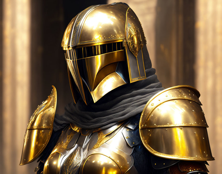 Golden-armored figure in full helmet and scarf on draped background.