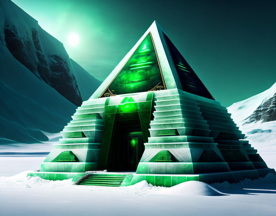 Glowing green pyramid in snowy landscape with mountains under pale green sky