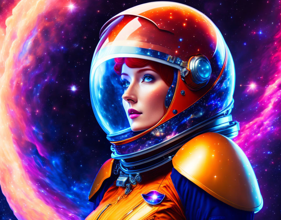 Futuristic digital artwork: Woman in orange spacesuit amid cosmic stars.