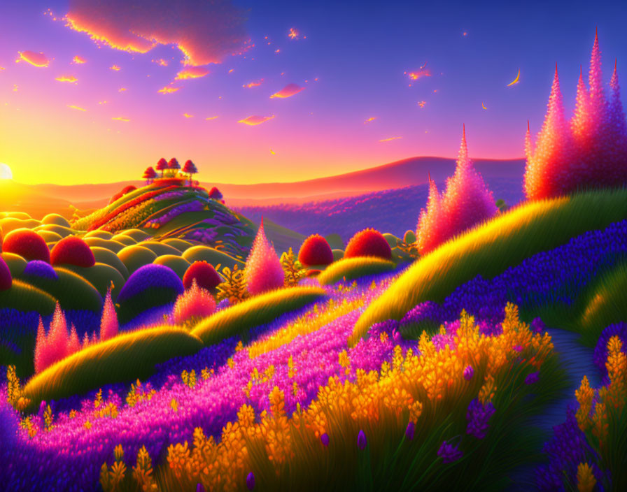 Colorful Flora and Rolling Hills in Sunset Landscape