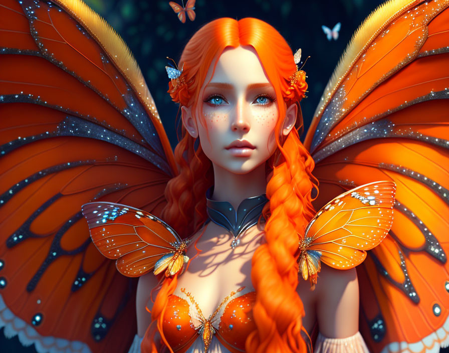 Digital Artwork: Woman with Butterfly Wings and Red Hair on Blue Background