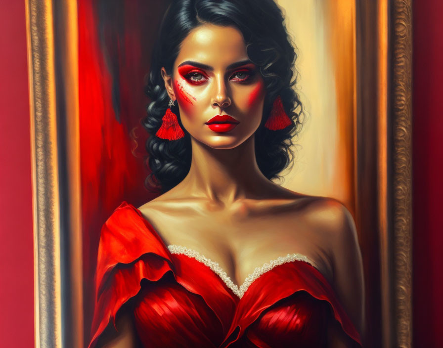 Woman in red makeup and elegant dress digital portrait.