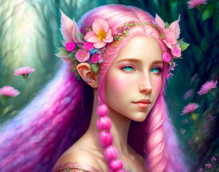 Fantasy illustration of female figure with pink hair, blue eyes, and floral adornments in lush green