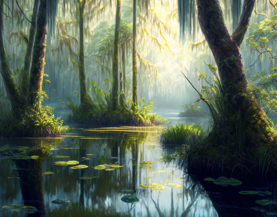 Tranquil Swamp Scene with Moss-Draped Trees and Lily Pads