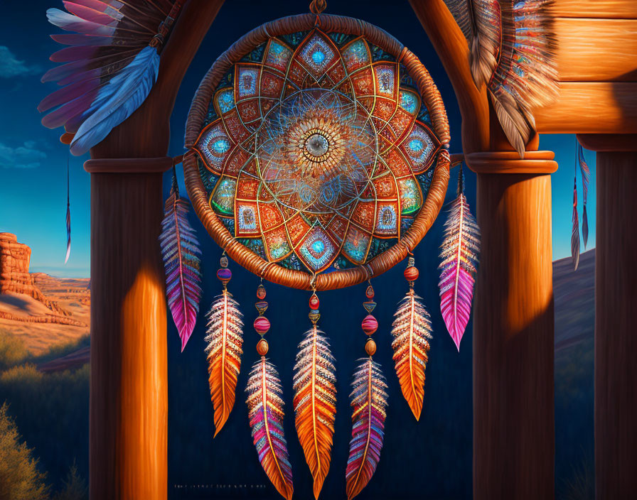 Colorful Dreamcatcher with Feathers in Desert Canyon Sunset