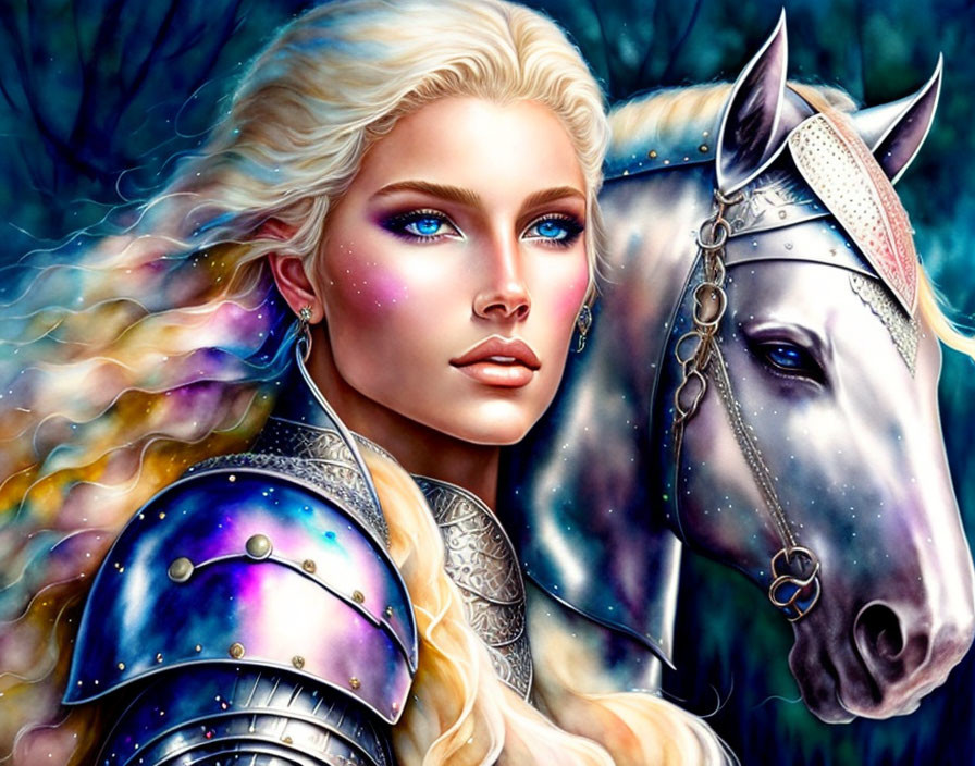 Fantasy illustration of woman with blue eyes and white hair with white horse in cosmic setting