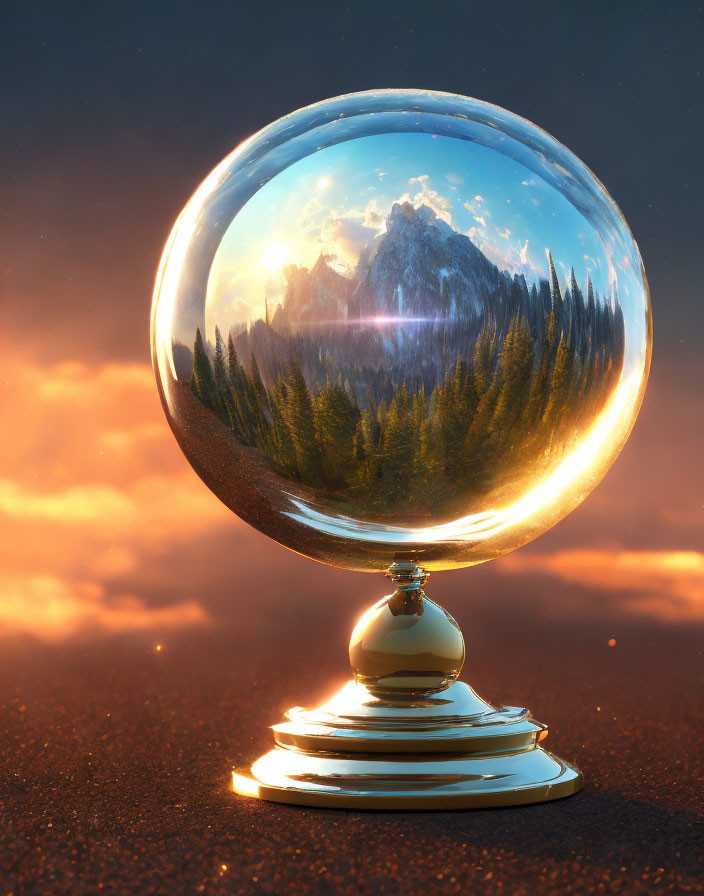Crystal ball on stand reflects mountains and trees under golden sky with lens flare.