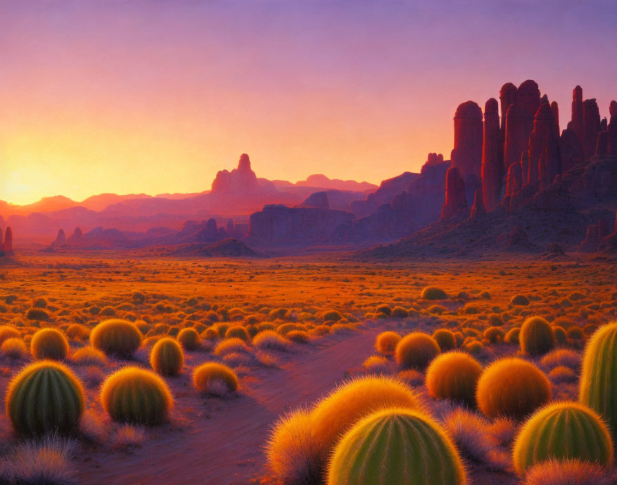 Golden sunset over serene desert with vibrant cacti and majestic rock formations