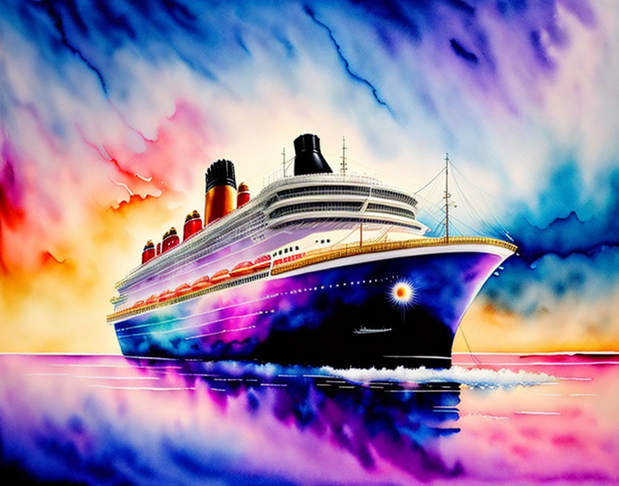 Colorful sunset digital artwork: Large cruise ship sailing under vibrant sky.