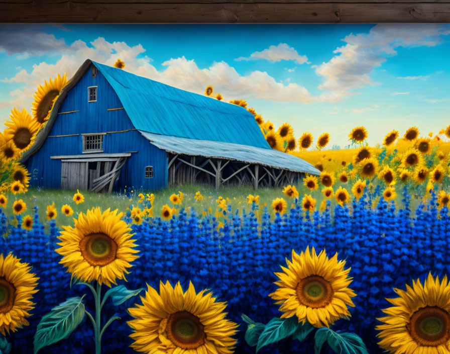 Blue Barn Surrounded by Blooming Sunflowers in Field