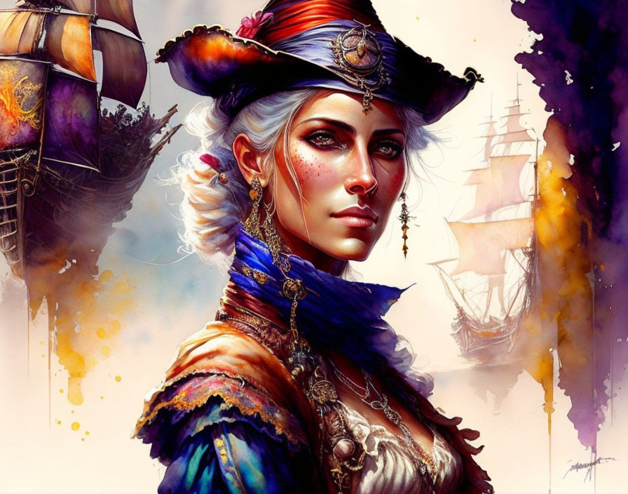 Digital portrait of woman in pirate attire with tricorn hat and ship, set against colorful background.