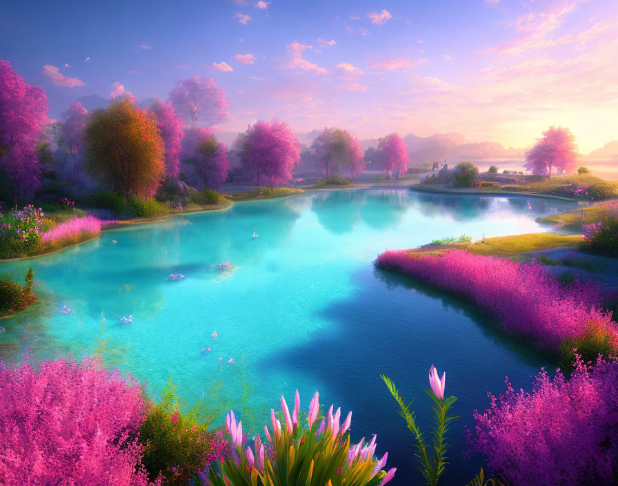 Tranquil Landscape: Turquoise Lake, Lush Trees, Pink Flowers