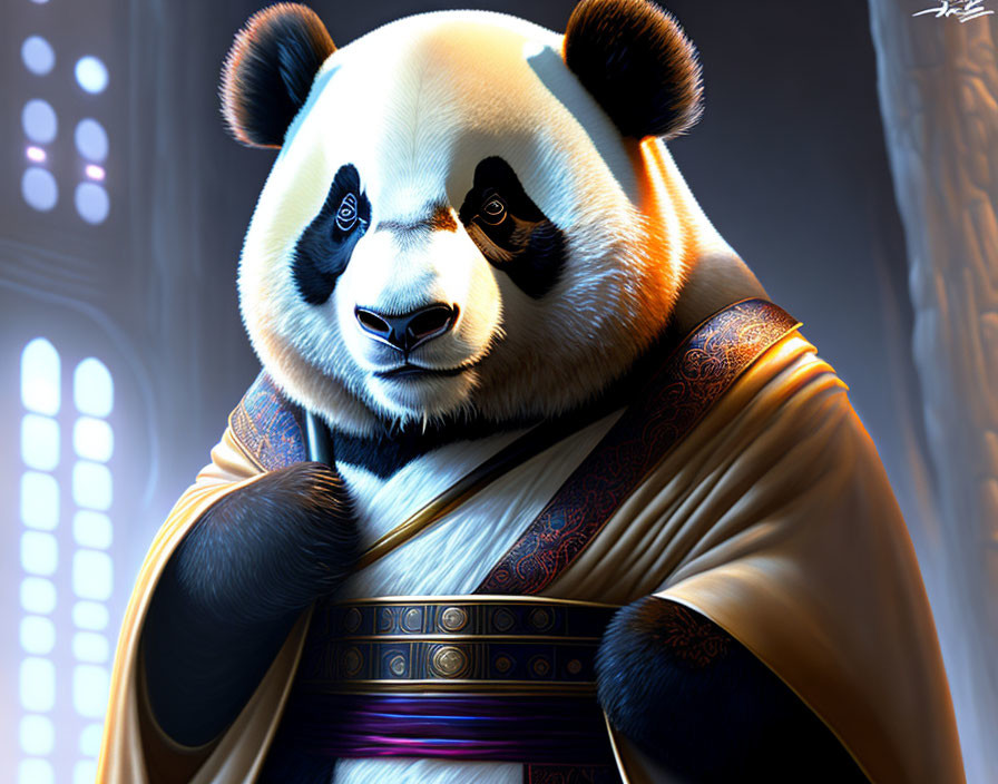 Anthropomorphic panda in traditional robes in illuminated room