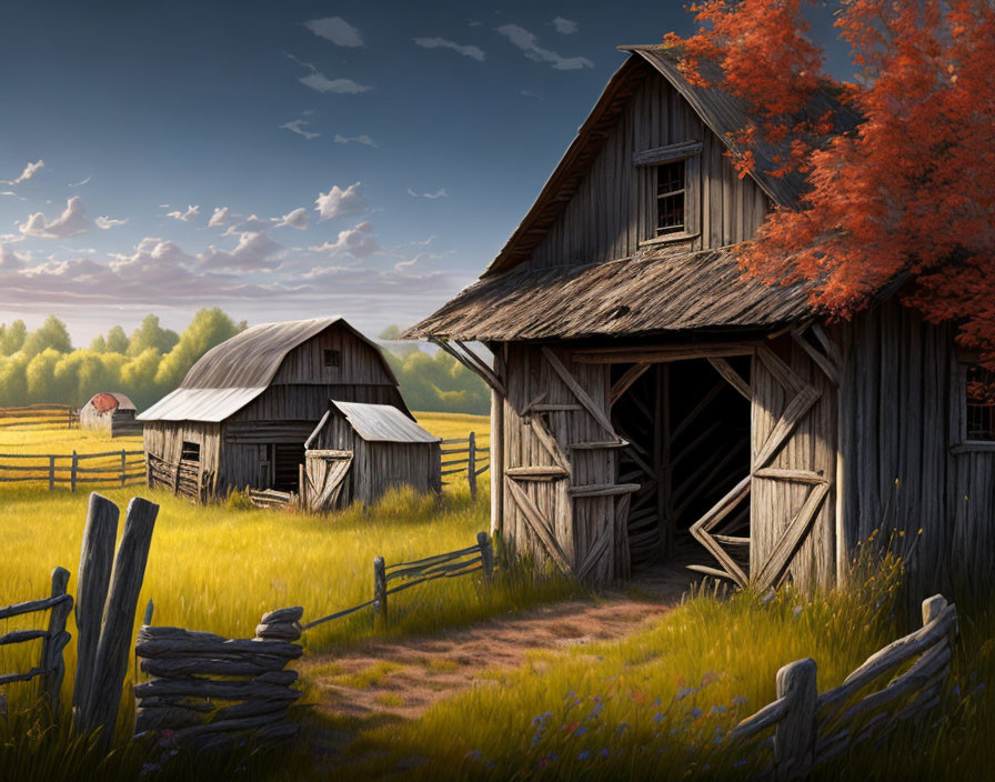 Serene farmland with rustic wooden barns and stone fence