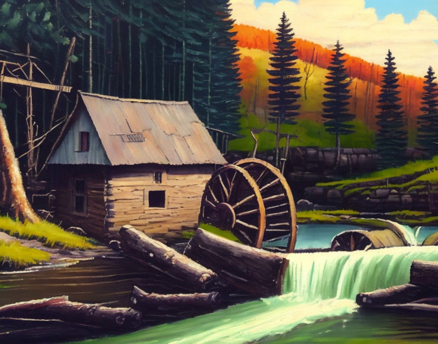 Rustic watermill by flowing stream and lush forest