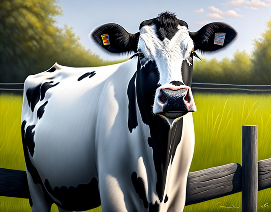 Realistic digital painting of black and white cow in field with wooden fence