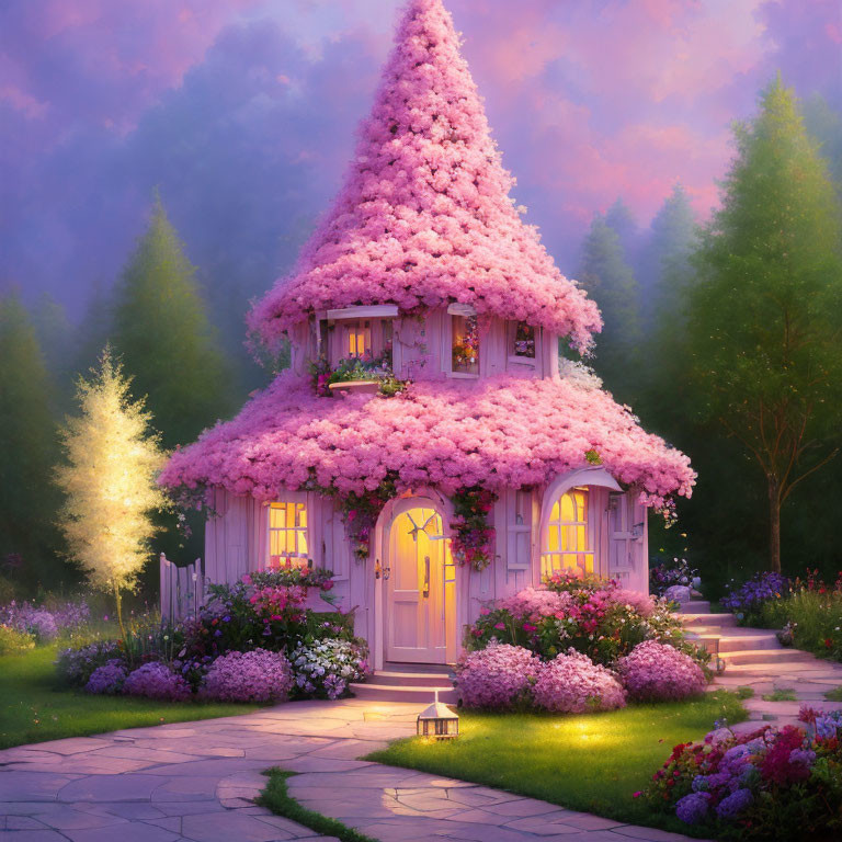 Charming two-story cottage with conical roof and pink blossoms garden