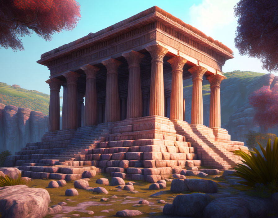 Ancient Greek temple with Corinthian columns in serene sunset landscape