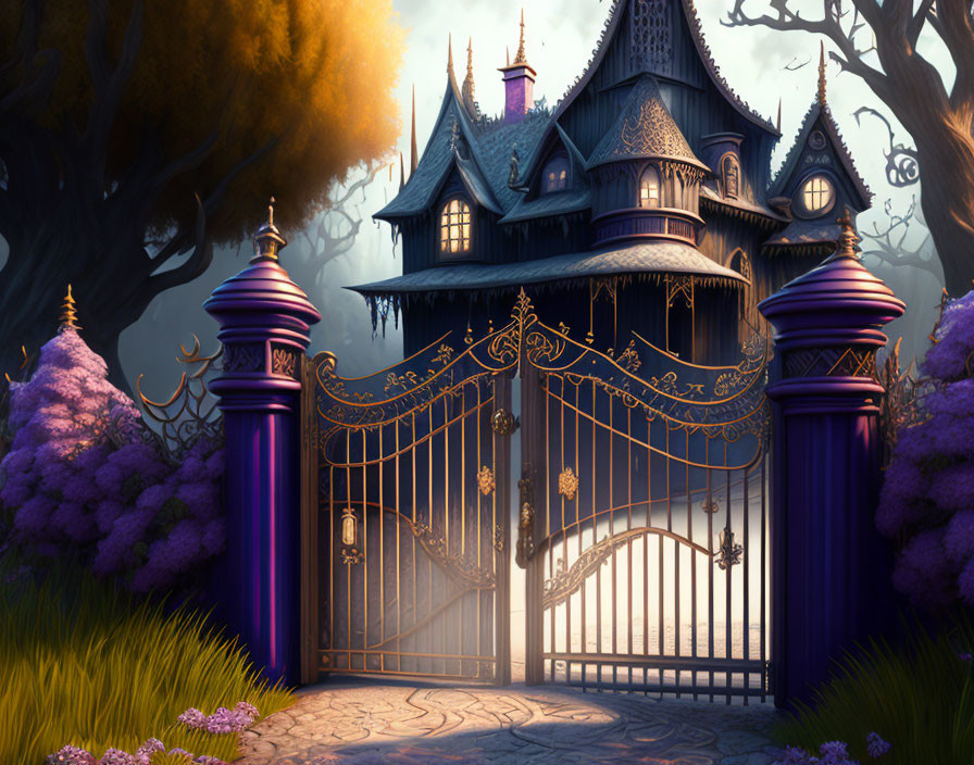 Gothic-style mansion at dusk with iron gates and purple foliage