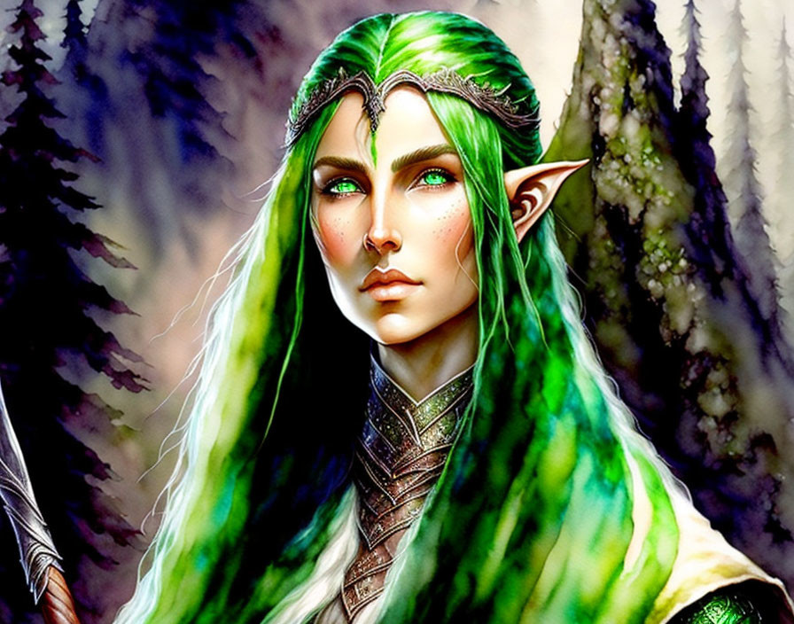 Green-haired elf in leaf diadem and armor in forest setting