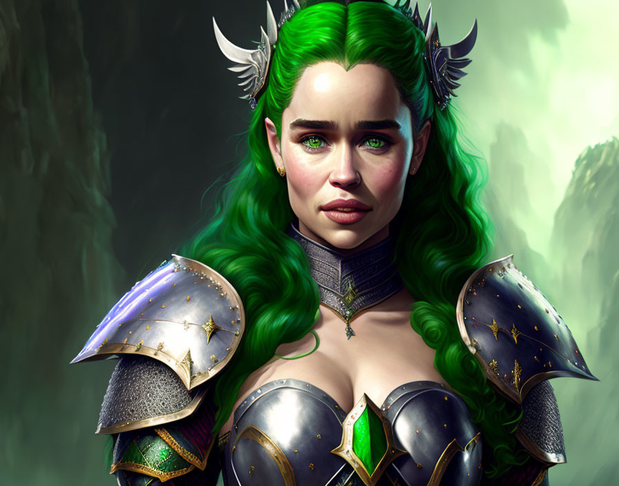 Fantasy female character with green hair and elven ears in silver and green armor