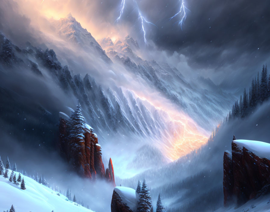 Snowy mountain landscape with lightning and fiery glow in stormy clouds