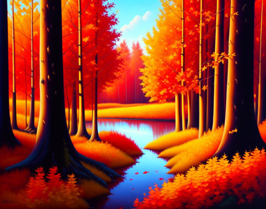 Colorful Autumn Forest with Serene River Reflections