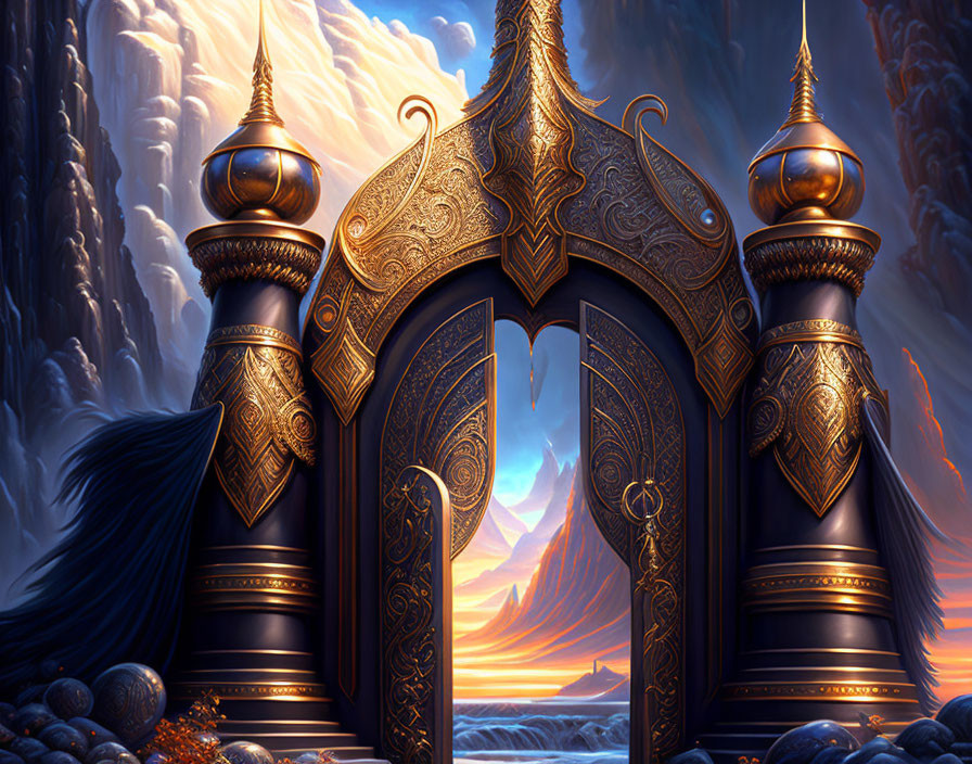 Intricate golden gates reveal majestic mountain landscape