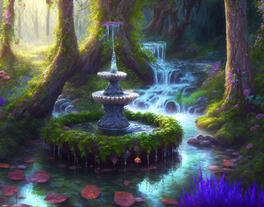 Tranquil forest landscape with mossy fountain, serene pond, waterfall, and soft light