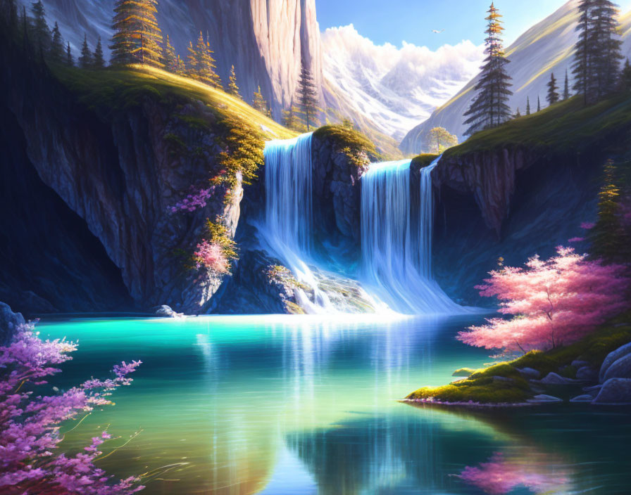 Tranquil digital art of majestic waterfall and blossoming trees