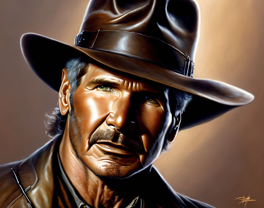 Rugged character portrait with leather hat and intense gaze