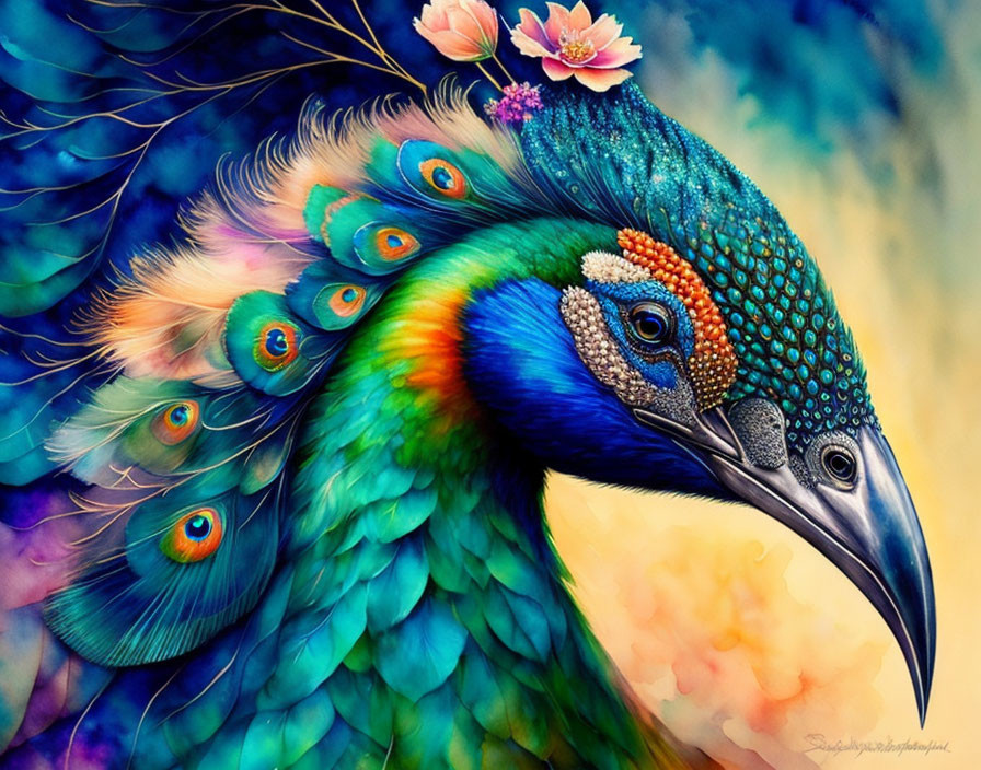 Colorful Peacock Illustration with Iridescent Feathers