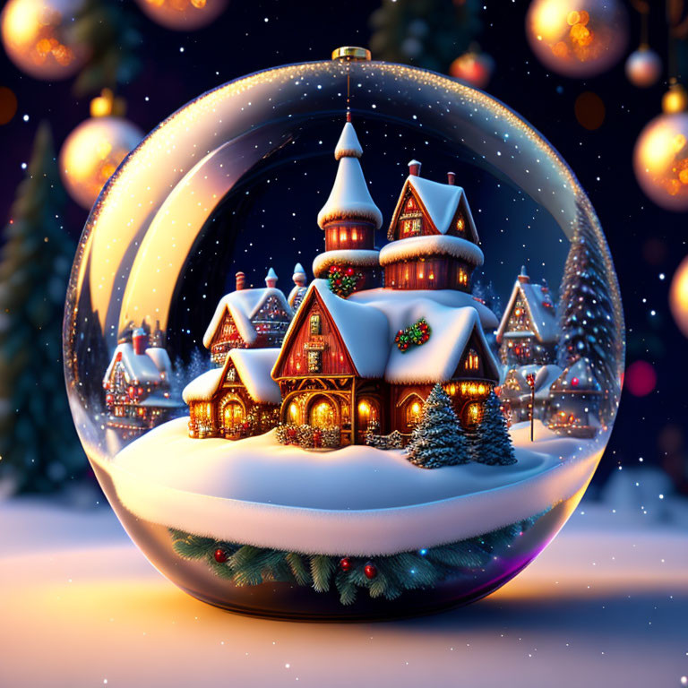 Snow globe winter scene with snow-covered houses and falling snowflakes