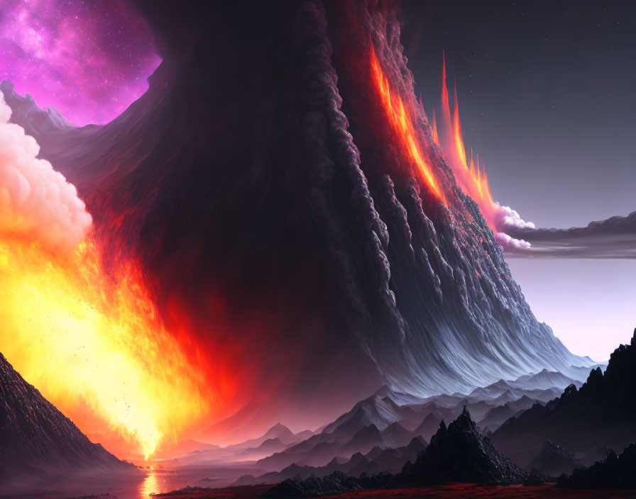 Colossal volcanic eruption with flowing lava and dramatic ash cloud