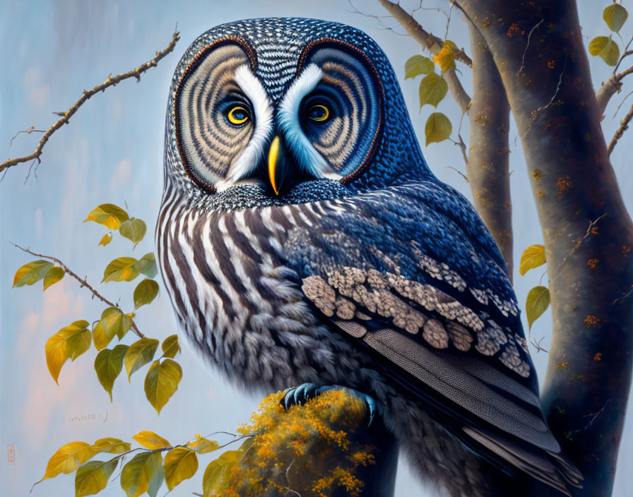 Detailed colorful owl illustration perched on branch with bright eyes and soft foliage.